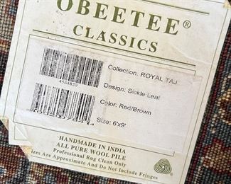 #106)- $250 - Obeetee Classics India Wool Oriental Rug Red/Brown. 6x9.  Available for pick up near the Country Club Plaza in KCMO