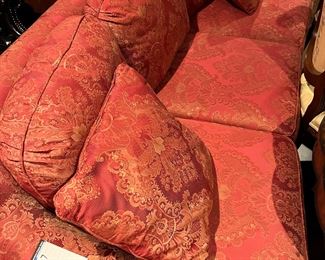 #108)- $300 - Sherrill Upholstered Sofa Rose and Gold Like New. 85x39x32. Available for pick up near the Country Club Plaza in KCMO