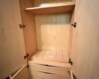 #112) - $500 - Vintage Henredon Scene II OliveAsh Burled Wood 3 Piece Amoire/Media Cabinet. With Glass Display Shelves. Lighted. 4 Glass Shelves. 3 Shelves inside cabinet. Hanging Rod. 4 Drawers. Full Width 80 Inches wide. Center Section. 34 x 22 x 86. Each side 23 x 16 x 78. Available for pick up near the Country Club Plaza in KCMO