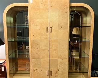 #112) - $500 - Vintage Henredon Scene II OliveAsh Burled Wood 3 Piece Amoire/Media Cabinet. With Glass Display Shelves. Lighted. 4 Glass Shelves. 3 Shelves inside cabinet. Hanging Rod. 4 Drawers. Full Width 80 Inches wide. Center Section. 34 x 22 x 86. Each side 23 x 16 x 78. Available for pick up near the Country Club Plaza in KCMO