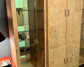 #112) - $500 - Vintage Henredon Scene II OliveAsh Burled Wood 3 Piece Amoire/Media Cabinet. With Glass Display Shelves. Lighted. 4 Glass Shelves. 3 Shelves inside cabinet. Hanging Rod. 4 Drawers. Full Width 80 Inches wide. Center Section. 34 x 22 x 86. Each side 23 x 16 x 78. Available for pick up near the Country Club Plaza in KCMO