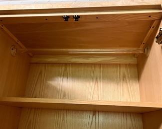 #112) - $500 - Vintage Henredon Scene II OliveAsh Burled Wood 3 Piece Amoire/Media Cabinet. With Glass Display Shelves. Lighted. 4 Glass Shelves. 3 Shelves inside cabinet. Hanging Rod. 4 Drawers. Full Width 80 Inches wide. Center Section. 34 x 22 x 86. Each side 23 x 16 x 78. Available for pick up near the Country Club Plaza in KCMO