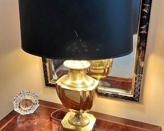 #113) - $110 - Pair of Brass Bedroom Lamps with Black Shades. 28 inches tall. 16 x 10 shades.  Available for pick up near the Country Club Plaza in KCMO