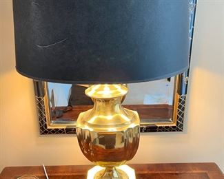#113) - $110 - Pair of Brass Bedroom Lamps with Black Shades. 28 inches tall. 16 x 10 shades.  Available for pick up near the Country Club Plaza in KCMO