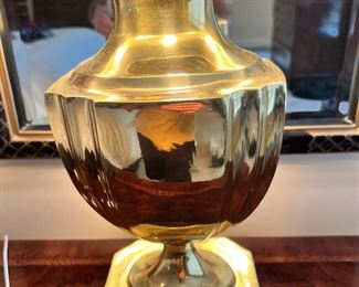 #113) - $110 - Pair of Brass Bedroom Lamps with Black Shades. 28 inches tall. 16 x 10 shades.  Available for pick up near the Country Club Plaza in KCMO