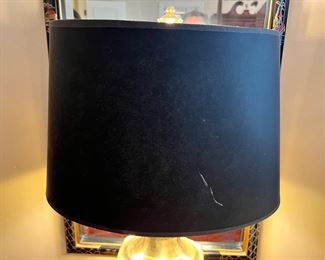 #113) - $110 - Pair of Brass Bedroom Lamps with Black Shades. 28 inches tall. 16 x 10 shades.  Available for pick up near the Country Club Plaza in KCMO