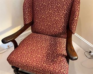 #114) - $200 -Circa 1930 Upholstered Arm Chair with Wooden Arms. Knotted Wood. Burgundy and Gold 32x32x38.  Available for pick up near the Country Club Plaza in KCMO