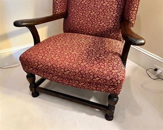 #114) - $200 -Circa 1930 Upholstered Arm Chair with Wooden Arms. Knotted Wood. Burgundy and Gold 32x32x38.  Available for pick up near the Country Club Plaza in KCMO