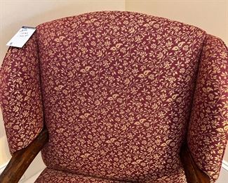 #114) - $200 -Circa 1930 Upholstered Arm Chair with Wooden Arms. Knotted Wood. Burgundy and Gold 32x32x38.  Available for pick up near the Country Club Plaza in KCMO