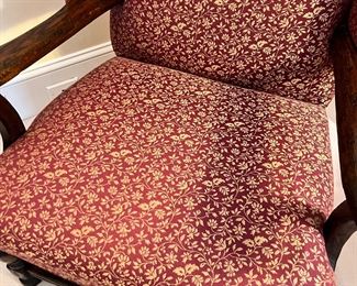 #114) - $200 -Circa 1930 Upholstered Arm Chair with Wooden Arms. Knotted Wood. Burgundy and Gold 32x32x38.  Available for pick up near the Country Club Plaza in KCMO