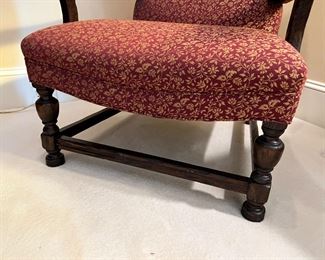 #114) - $200 -Circa 1930 Upholstered Arm Chair with Wooden Arms. Knotted Wood. Burgundy and Gold 32x32x38.  Available for pick up near the Country Club Plaza in KCMO