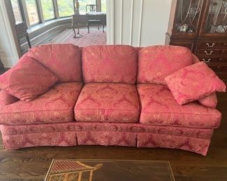 #108)- $300 - Sherrill Upholstered Sofa Rose and Gold Like New. 85x39x32. Available for pick up near the Country Club Plaza in KCMO