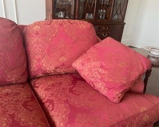 #108)- $300 - Sherrill Upholstered Sofa Rose and Gold Like New. 85x39x32. Available for pick up near the Country Club Plaza in KCMO