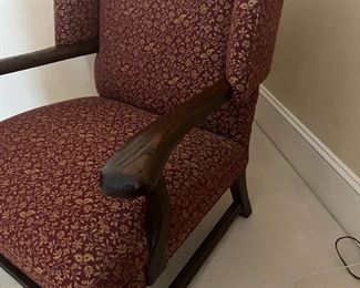 #114) - $200 -Circa 1930 Upholstered Arm Chair with Wooden Arms. Knotted Wood. Burgundy and Gold 32x32x38.  Available for pick up near the Country Club Plaza in KCMO