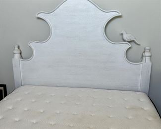 #25) - $350 -Solid Wood White Distressed Queen Headboard and bed frame.  with Box Springs Platform.  No Mattress.  Ballard Designs.