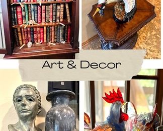 Easton Press Leather books, Murano Rooster, Enamel Cranes