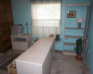 desk, printer, cabinet, bookshelf
