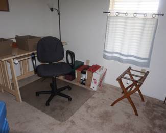 desk chair, desk, luggage rack