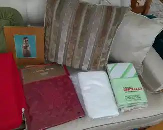 Assorted Pillows, Bed Linen, & Table Linen (Some New, Some Gently Used)