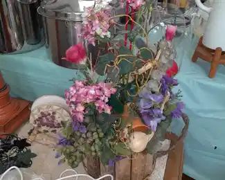 Large Wooden Watering Can Faux Floral Arrangement