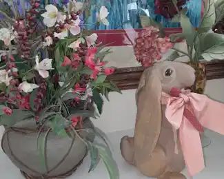 Faux Flowers & Bunny Statue