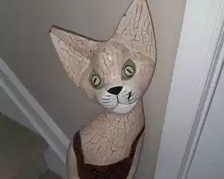 Large Carved & Painted Wooden Cat Figurine