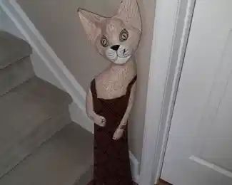 Large Carved & Painted Wooden Cat Figurine