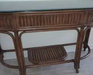 Bamboo Console Table W/ Cut Glass Top