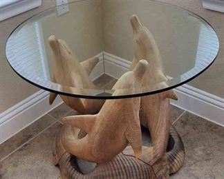 Vintage Wood Carved Dolphin Table