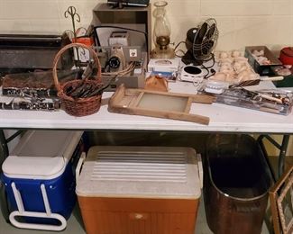 Wood Clarinet, Coolers, Large Copper Pot, Large Metal Tool box, music stand