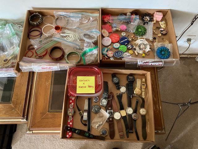 Vintage costume jewelry, watches and watch parts