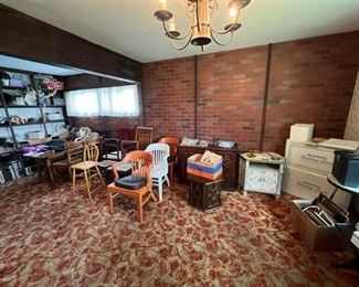 Two wedding dresses, circa 1959 and 2000; painted corner cabinet