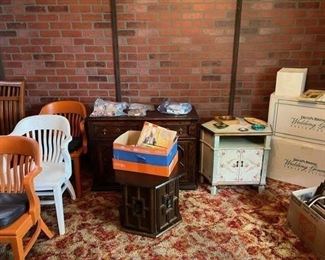 Octagonal table, sideboard/buffet, painted corner cabinet