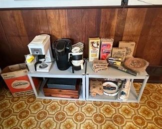 Coffee makers and parts, 1950s silverware chest, Sunbeam electric fryer