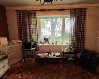 Antique coffee table, wedding dresses, bathroom cabinet, side table