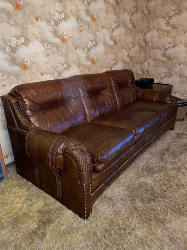 Kroehler vintage leather couch with handmade cover