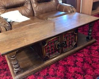 Vintage wooden coffee table 18 x 58 x 22 in with below storage and reversible accents