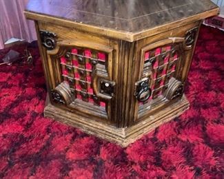 Vintage wooden hexagon side table 20 x 29 x 25 in with below storage and reversible accents matches lot 1007