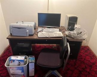 Vintage metal desk 28 x 55 x 26 in with vintage office chair, computers and accessories