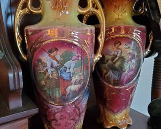 Approx 14" tall vintage vases of women herding sheep