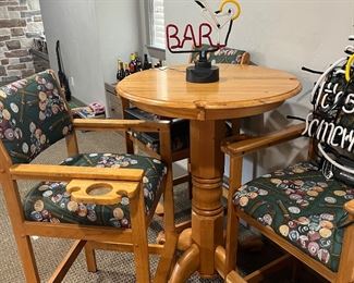 Bar neon light, 4 chairs with drink holder and fabric for the pool room and the oak table