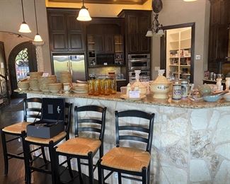 4 matching straw bottom bar stools and Miskas Whole wheat dishes for 12 with serving pieces