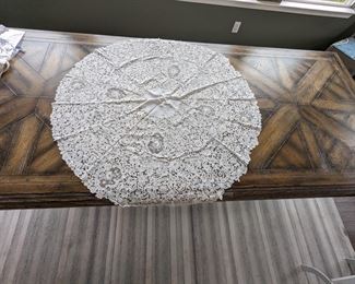 25.)  Edwardian Brussels Lace Round Tablecloth.  Handmade with some Point de Gaze style.  Scalloped edge.  Linen batiste center.    42" diameter.  Excellent condition.  $245.00