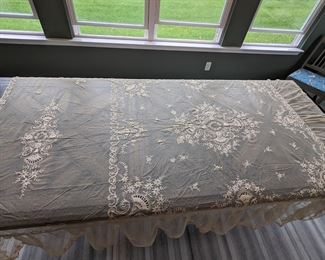 20.)  Embroidery on Netting - Bedspread.  Scalloped with a heavy flounce.   1 small stain.  106" long x 96" wide.   $425.00