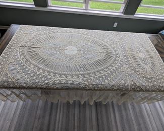 21.)Normandy Lace Bedspread.  High quality machine made French lace.  Staining.  87" long x 85" wide.  $350.00