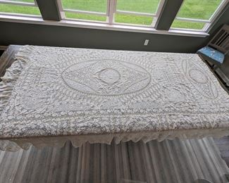 19.)  Edwardian Normandy Lace Bedspread.  Made in France label.  Some discoloration.  Machine Lace.    92" x 96"  $425.00