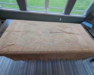14.)  19th Century Normandy Lace Bedspread Embroidered on Swiss Linen Batiste and net.  French with silk liner.  Silk lining intact.  Some staining.  Accommodation for foot board.Structurally sound.  92" long x 90" wide.  $450.00