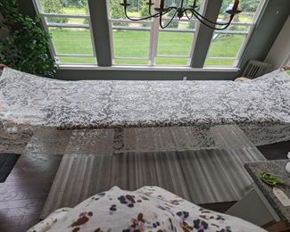 13b.)  Italian Needle Lace Banquet Table Cloth with Initials.  Beautiful Italian needle lace with designs of urns with flowers, fruit, and scrolling greenery.  Initials HML on each.  Very minor discolorations.  Measures:  176" long x 89" wide.  $1350.00