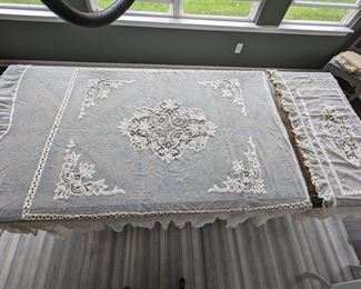 13a.) ca 1900 - 1910 Belgian Tape Lace  Bedspread and Overlay.  Beautiful Belgian tape lace bedspread with matching overlay.  No breaks.  No discoloration.  Bedspread:  84" long x 94" wide.  Overlay:  78" long x 33" wide.  $675.00