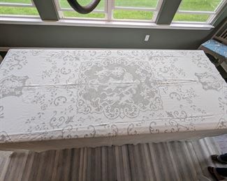 12.)  1916 Sicilian Figural Punchwork Bedcover/Bedspread.   Bedspread comes with a note stating  "Handmade in Sicily by 2 nuns in 1916.  Full size punchwork mosaic figural design.  Made in the hope chest of Angela Mungo."  Scalloped edges.   Minor linen discoloration.  Excellent condition.  102" wide x 110" long.   $460.00